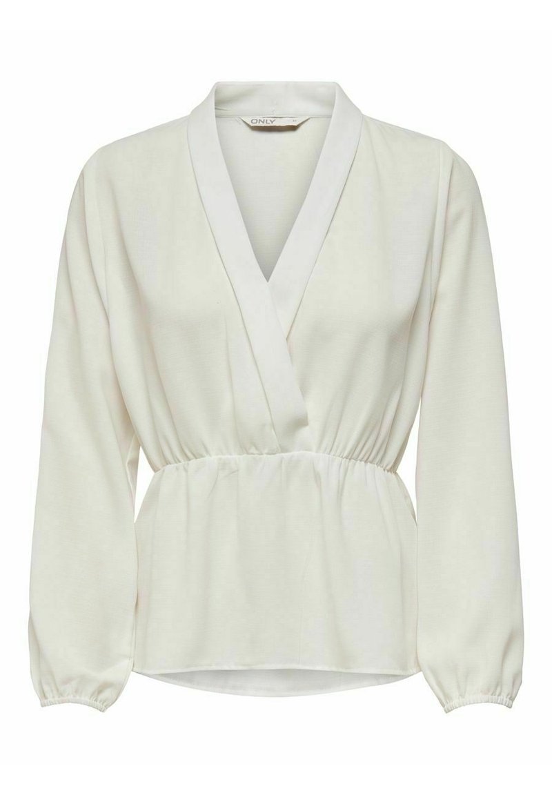 Blouse blanche à manches longues avec un design enveloppant, présentant un décolleté en V profond, une taille élastique et des poignets froncés pour une texture supplémentaire.