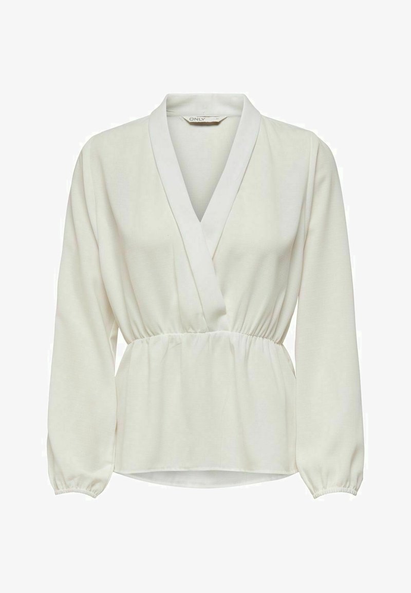 Blouse blanche à manches longues avec un design enveloppant, présentant un décolleté en V profond, une taille élastique et des poignets froncés pour une texture supplémentaire.