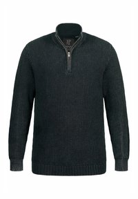 Pull en tricot de couleur vert foncé, avec un col montant zippé, des poignets et un ourlet côtelés, et un motif texturé sur l'ensemble du tissu.