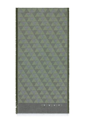 Grüner rechteckiger Schal mit wiederholtem Muster aus kleinen dunkelgrünen und weißen Dreiecken, fransigen Kanten und dem Schriftzug "GUESS" am unteren Rand.