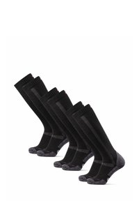 Svarta knähöga strumpor med strukturstickning, förstärkta hälar och tår, samt en kontrasterande grå detalj på fotsulan. Set med fyra par.