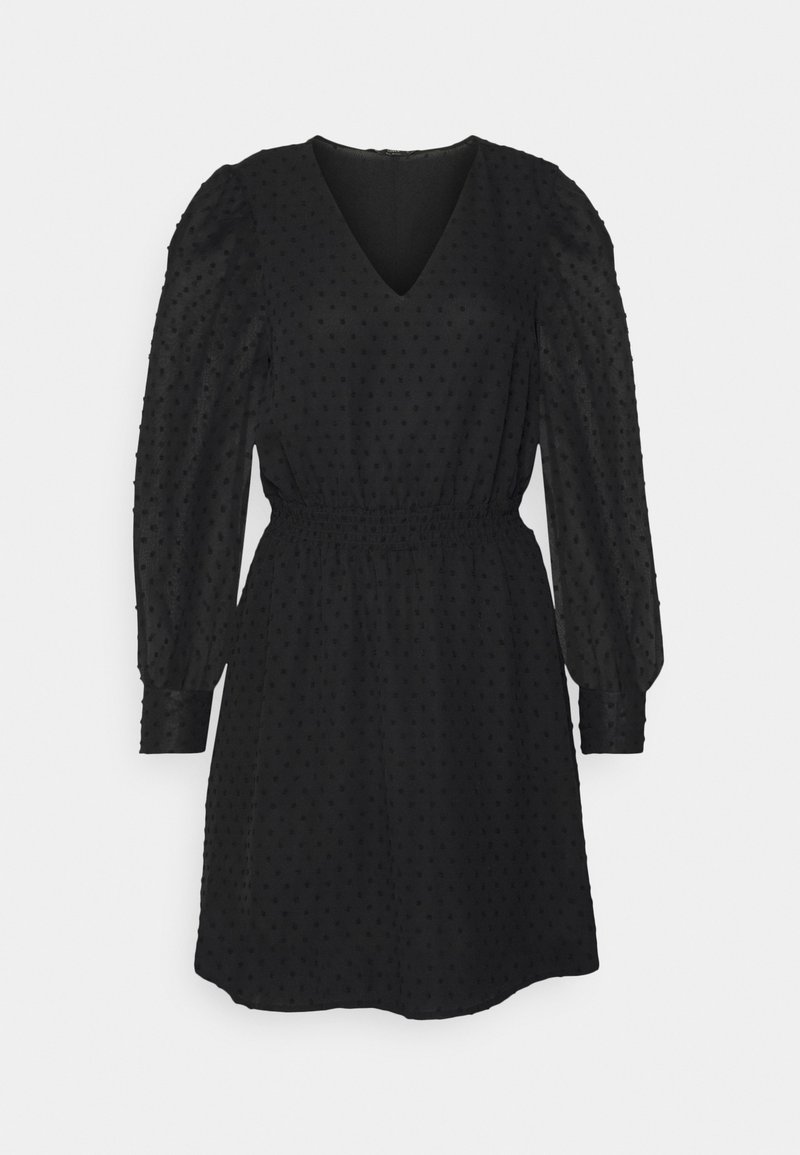 Robe noire longueur genoux avec manches longues bouffantes, encolure en V, taille élastique et texture subtile à pois sur tissu transparent.