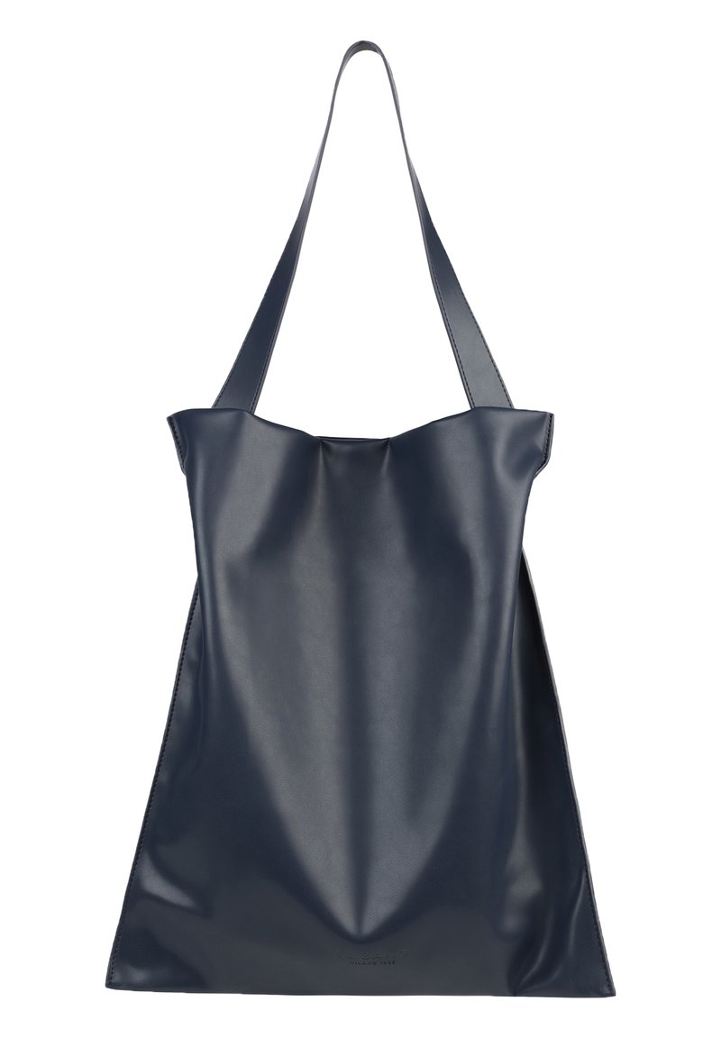 Marine leren draagtas met een naadloos ontwerp, voorzien van een brede opening en twee schouderbanden. Soepele textuur en minimalistische stijl.