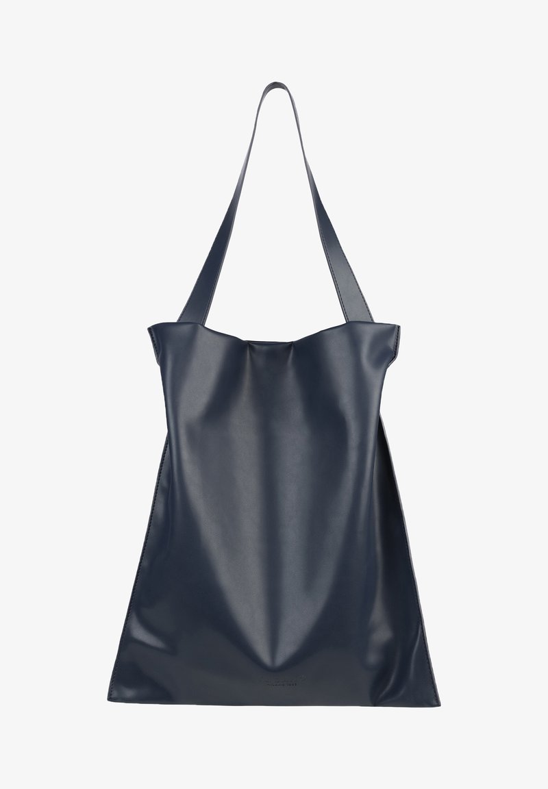 Marine leren draagtas met een naadloos ontwerp, voorzien van een brede opening en twee schouderbanden. Soepele textuur en minimalistische stijl.