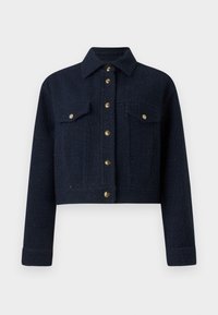 Navy blue cropped jacket in textured fabric with a button-up front, two chest pockets, and gold-tone buttons. Features a classic collar.