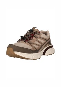 Beige ja ruskea vedenpitävä urheilukenkä, jossa on teksturoitu pohja, nopeaan kiristämiseen tarkoitettu nauhoitus ja pehmustettu kaulus ulkoiluun.