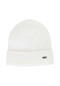 Gorro de punto blanco con diseño acanalado, puño plegable y una pequeña etiqueta de marca en el costado. Textura suave.