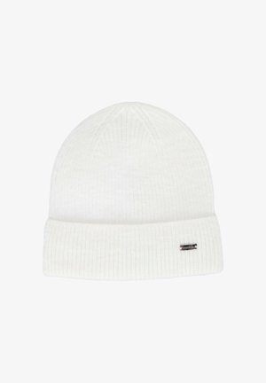 Cappello a cuffia bianco lavorato a maglia con design a coste, risvolto pieghevole e una piccola targhetta con marchio sul lato. Tessuto morbido.