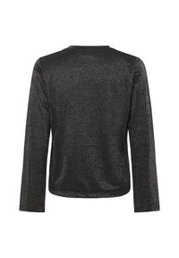 Černý glitrový top s dlouhými rukávy a kulatým výstřihem, zobrazený zezadu na jednoduchém bílém pozadí.