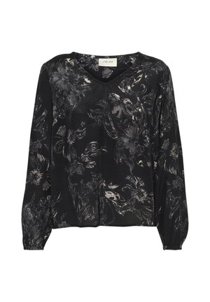 Schwarze Bluse mit langen Ärmeln, die ein Blumenmuster in Grautönen aufweist, mit einem V-Ausschnitt und gerafften Manschetten für einen leicht lockeren Sitz.