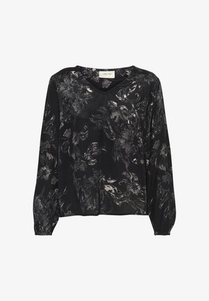 Schwarze Bluse mit langen Ärmeln, die ein Blumenmuster in Grautönen aufweist, mit einem V-Ausschnitt und gerafften Manschetten für einen leicht lockeren Sitz.