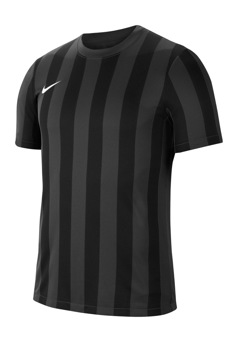Schwarzes sportliches T-Shirt mit vertikalen dunkelgrauen Streifen, Rundhalsausschnitt, kurzen Ärmeln und kleinem weißen Nike-Logo auf der Brust.