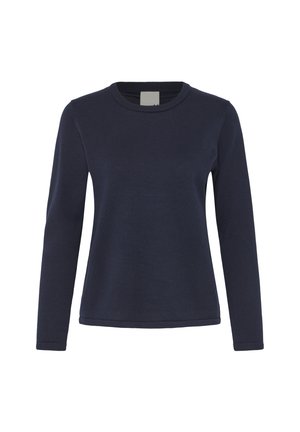 Marineblauwe pullover met lange mouwen gemaakt van glad gebreide stof, voorzien van een ronde hals en eenvoudige, strakke lijnen zonder zichtbare patronen of accenten.