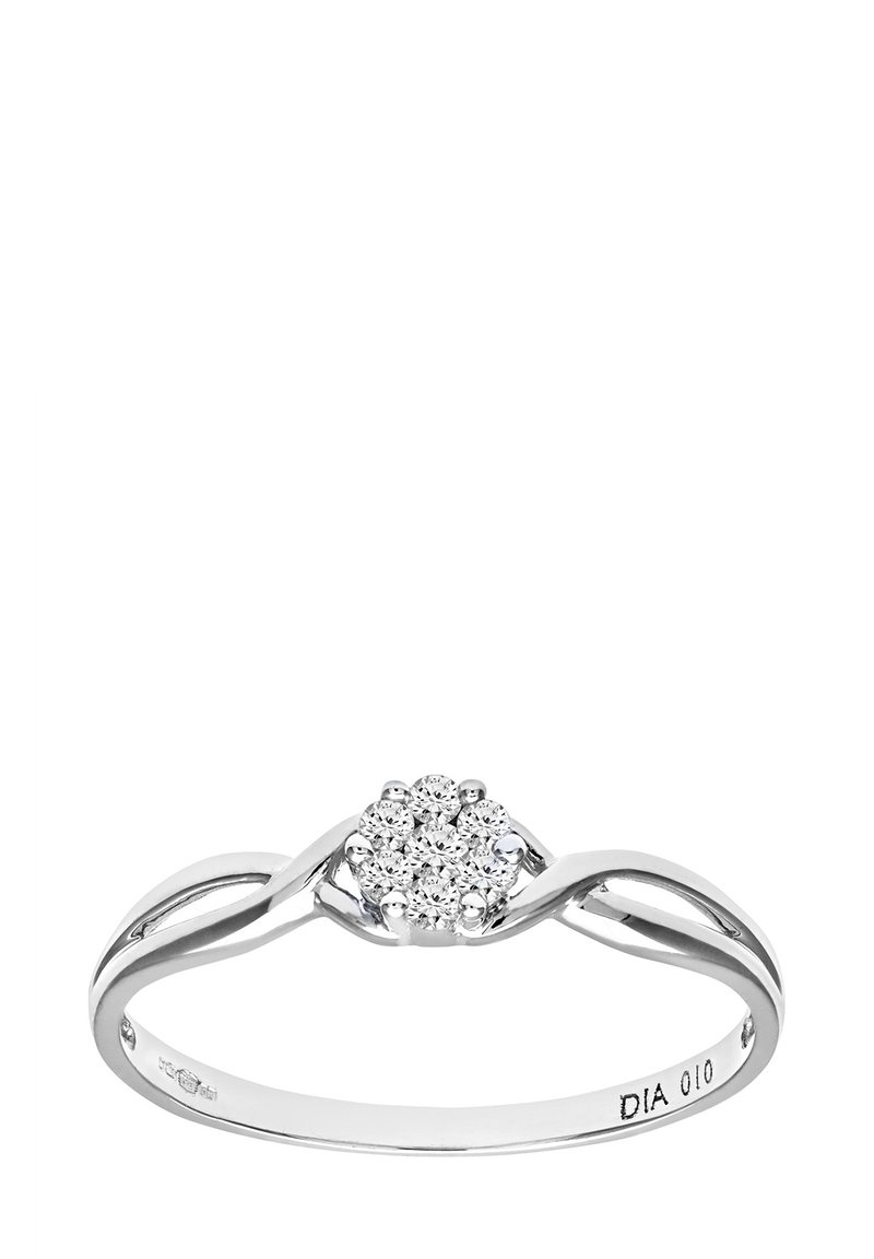 Baltais zelts gredzens ar savītu joslu, kura centrā ir mazu apaļu dimantu kopums. Spodrināts apdare, minimālisma dizains.