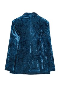 Blazer in velluto di un blu intenso, con colletto classico, spalle strutturate e una texture liscia con una leggera lucentezza.