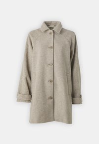 Beige wollen jas met een kraag, zes knopen aan de voorkant en twee zijzakken. Heeft opgerolde mouwen en een gestructureerde afwerking.