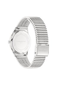 Armbanduhr aus Edelstahl mit einem silbernen Mesh-Armband, runder Gehäuseform und polierter Rückseite. Verfügt über Wasserdichtigkeit und eingravierten Markennamen.