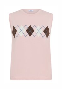 Pull sans manches en rose doux avec un motif argyle audacieux en marron, crème et bleu sur la poitrine, doté d'un col rond.