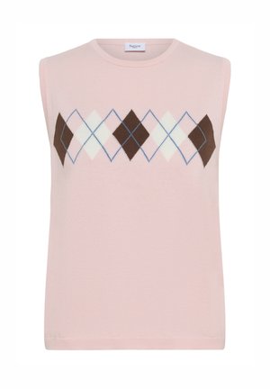 Sleeveless sweater in soft pink featuring a bold argyle pattern in brown, cream, and blue across the chest, with a crew neckline.