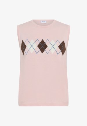 Sleeveless sweater in soft pink featuring a bold argyle pattern in brown, cream, and blue across the chest, with a crew neckline.