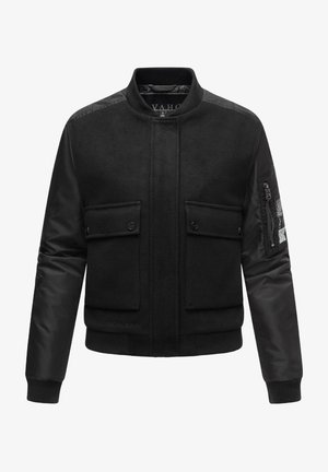 Crna bomber jakna od vune i najlona, s dva prednja džepa s preklopom, rebrastim manžetama i džepom na rukavu sa zatvaračem.