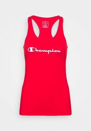 Czerwony sportowy top bez rękawów marki Champion z białym logo na środku klatki piersiowej i tyłem typu racerback.