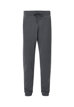 Graue Sweatpants aus weichem Stoff, mit einem elastischen Taillenbund und einer Kordel, seitlichen Taschen und gerippten Knöchelbündchen.