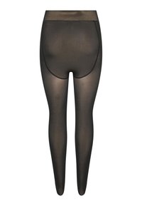 Leggings opacos pretos com uma textura suave, cintura alta e sem costuras visíveis, projetados para um ajuste justo.