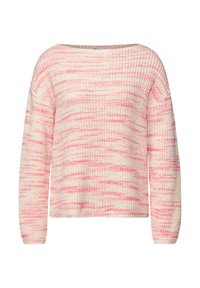 Maglione leggero e lavorato a maglia con una vestibilità rilassata, caratterizzato da una base crema e righe orizzontali rosa, ampio scollo a barca e maniche lunghe.