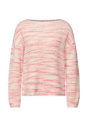 Pullover en maille léger, à coupe décontractée, avec une base crème et des rayures horizontales roses, un grand col bateau et de longues manches.