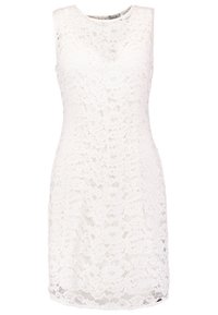 Sukienka koronkowa w białym kolorze, bez rękawów, z okrągłym dekoltem. Posiada wzór kwiatowej koronkowej tkaniny i dopasowany fason, długości do kolan.