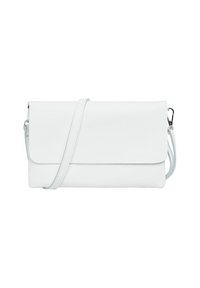 Weißes Leder-Crossbody-Bag mit strukturiertem Oberflächen, ausgestattet mit einem Klappenverschluss, verstellbarem Riemen und silbernen Hardware-Details.