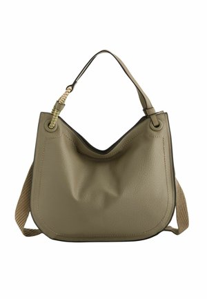 Mittlere Handtasche aus olivgrünem Leder mit einem einzigen oberen Griff und einem zusätzlichen verstellbaren Stoff-Schulterriemen.