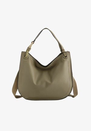 Bolso de cuero verde oliva medio con un solo asa superior y una correa adicional de tela ajustable para el hombro.