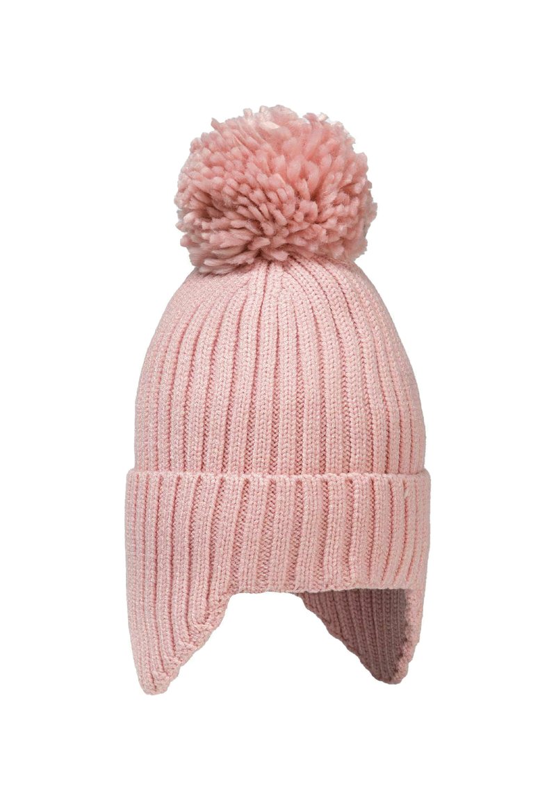 Bonnet en tricot rose avec un design côtelé, doté d'un grand pompon sur le dessus et de pattes pour les oreilles pour plus de chaleur. Texture douce et ajustement extensible.