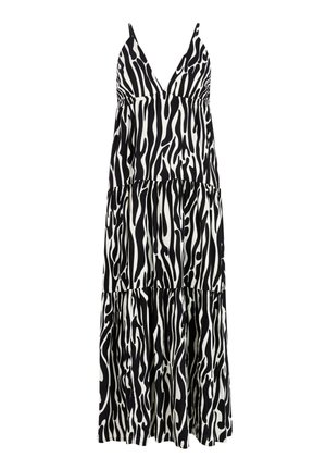 Ärmelloses Maxikleid mit abstraktem schwarz-weißem Zebramuster, V-Ausschnitt und gestuftem Volant-Saum.