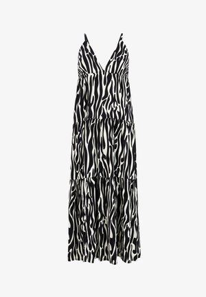 Ärmelloses Maxikleid mit abstraktem schwarz-weißem Zebramuster, V-Ausschnitt und gestuftem Volant-Saum.