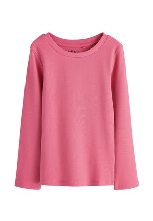 Maglia a maniche lunghe a costine di un vivace rosa. Presenta un colletto rotondo e un taglio dritto. Tessuto morbido, adatta per un look casual.