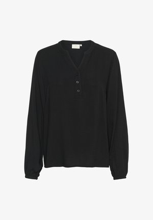 Blusa nera a maniche lunghe con scollatura henley, placket con tre bottoni e tessuto testurizzato, dotata di polsini elasticizzati e vestibilità morbida.