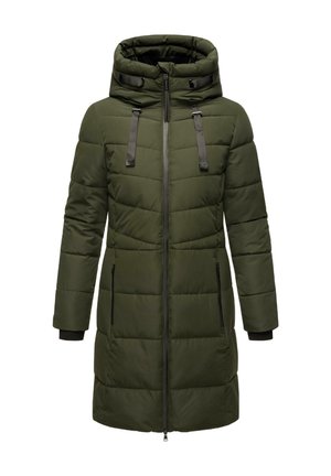 Green padded coat with a high collar, black hardware, zip pockets, and elastic cuffs. Features a quilted pattern and adjustable straps on the hood.