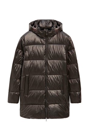 Zwarte donsjas met capuchon, voorzien van een doorgestikt ontwerp, ritssluiting aan de voorkant en twee zijzakken. Glanzende afwerking met een gladde textuur.