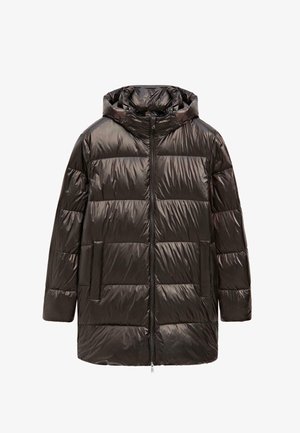 Zwarte donsjas met capuchon, voorzien van een doorgestikt ontwerp, ritssluiting aan de voorkant en twee zijzakken. Glanzende afwerking met een gladde textuur.