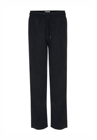 Pantalones jogger negros, ligeros y fabricados con material suave. Presentan una cinturilla elástica con cordón y un diseño de pierna ancha.