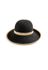 Czarny pleciony kapelusz przeciwsłoneczny z szerokim rondem, ozdobiony plecioną złotą taśmą wokół korony. Teksturowane wykończenie o sztywnej formie.