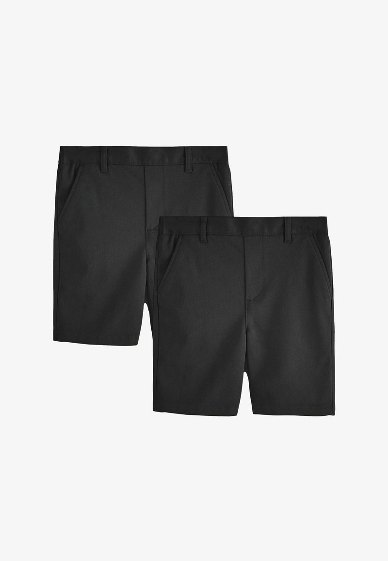 Pantalones cortos negros de tejido suave, con un diseño clásico, frente plano, dos bolsillos laterales y una cinturilla estándar con pasadores para cinturón.
