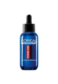 Bouteille en verre bleue avec un bouchon de compte-gouttes noir. Présente un texte en gras blanc et rouge pour "L’Oréal Men Expert" et "Power Age". Liquide clair à l'intérieur.