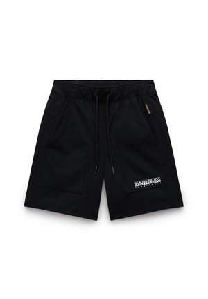 Pantalones cortos negros de tela ligera con cintura elástica, cordón, dos bolsillos laterales y un logo blanco en el frontal.