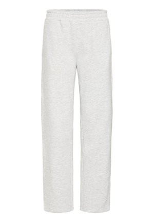 Svetlosivé tepláky vyrobené z mäkkého zmesi bavlny, s elastickým pásom, rovnými nohavicami a dvoma bočnými vreckami.
