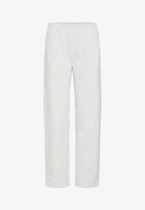 Pantaloni de trening gri deschis, dintr-un amestec moale de bumbac, cu un talie elastică, picioare drepte și două buzunare laterale.