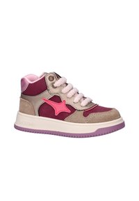 Hoge sneakers met een mix van beige suede en bordeauxrood textiel. Roze ster ontwerp en veters, met een paarse zool en een gewatteerde kraag.